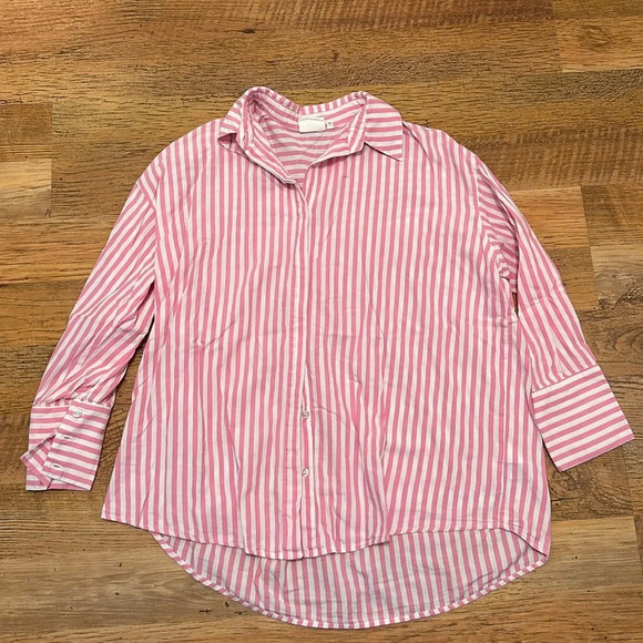 NIA Pink Pin Striped Boyfriend Button Down Coastal Lounge Long Sleeve Top A6 - Picture 1 of 4